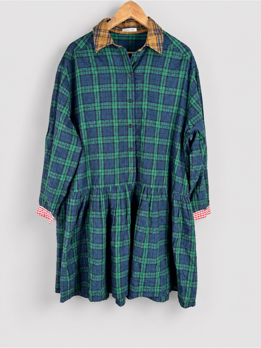 Stella Nova Plaid Long Sleeve Mini Dress Size 36 US Small 100% Cotton Oversized